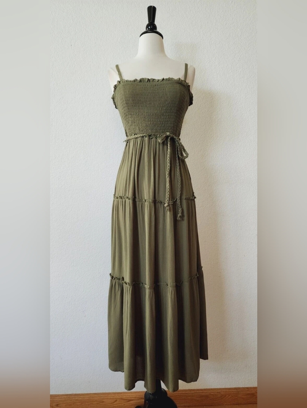 Olive Green Smocked Maxi Dress - Women - Picture 1 of 4